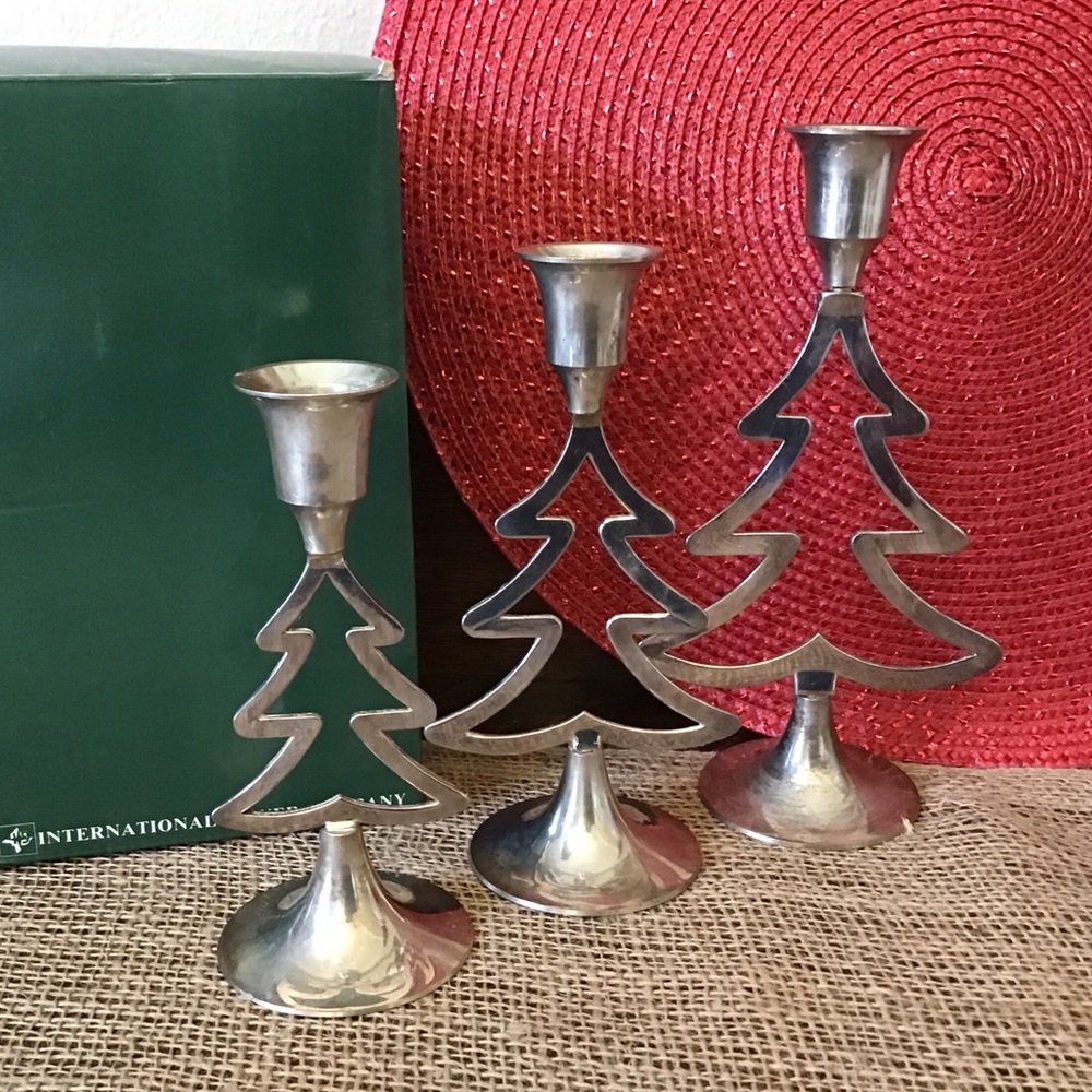Vintage 1995 International Silver Co. set of 3 silverplated tree candlesticks